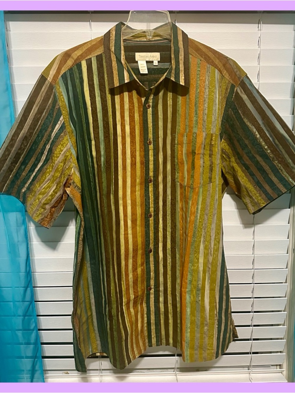 TERRITORY AHEAD STRIPED SHORT SLEEVE BUTTON UP SHIRT MENS XL GREEN ORANGE PLUM